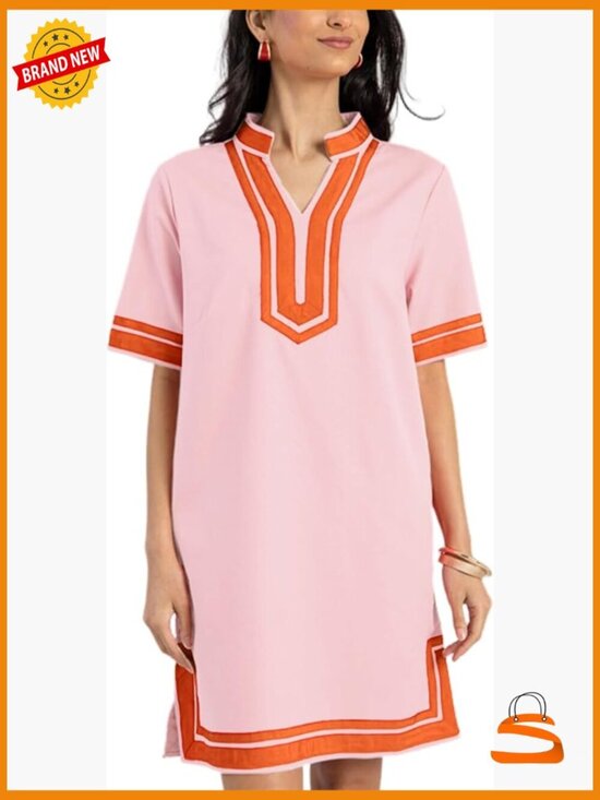 Other - Linen Color Block Shift Dress with Pockets Swimsuit Coverup V-Neck Short Sleeve